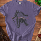 T-shirt with illustration of knight in armor, text "BIG QUEST ENERGY", and sword.