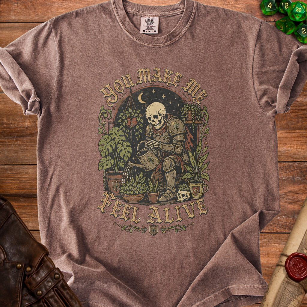 Skeleton knight waters plants under moon with text "You make me feel alive."