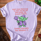 Purple t-shirt with text "Choose Violence. You deserve it." and a green goblin illustration.