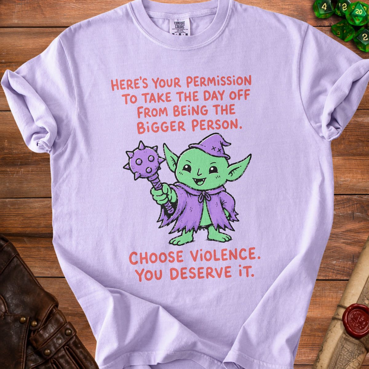 Purple t-shirt with text "Choose Violence. You deserve it." and a green goblin illustration.