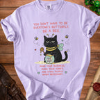 Purple t-shirt with a black cat wearing a bee costume and the text "Mind Your Business, Make Your Honey, And Sting People When Necessary."