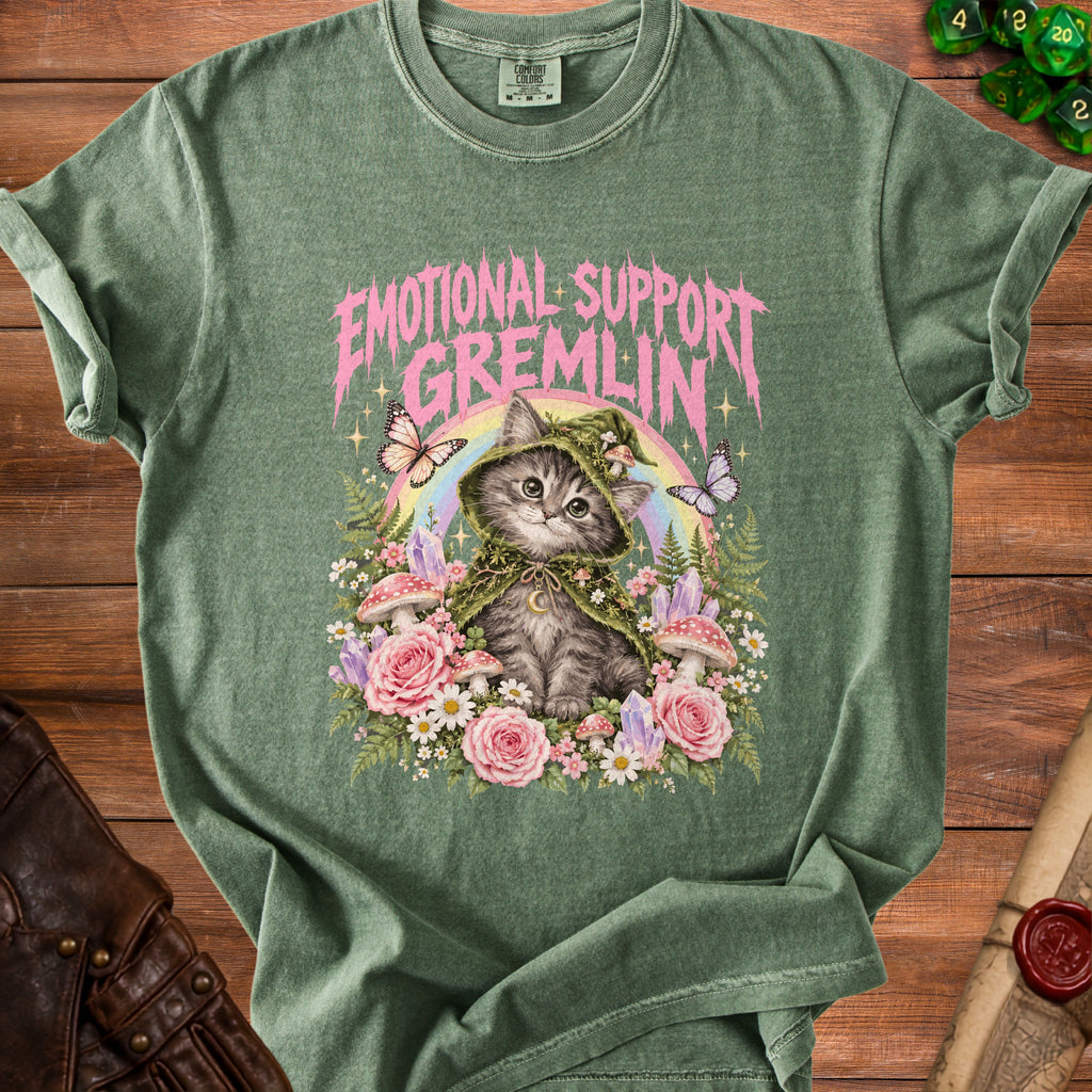 Green t-shirt with "Emotional Support Gremlin" text and a kitten in a witch hat.