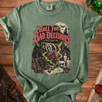 Green t-shirt with "Roll for Bad Decisions" graphic, dice, skull, and black cat.