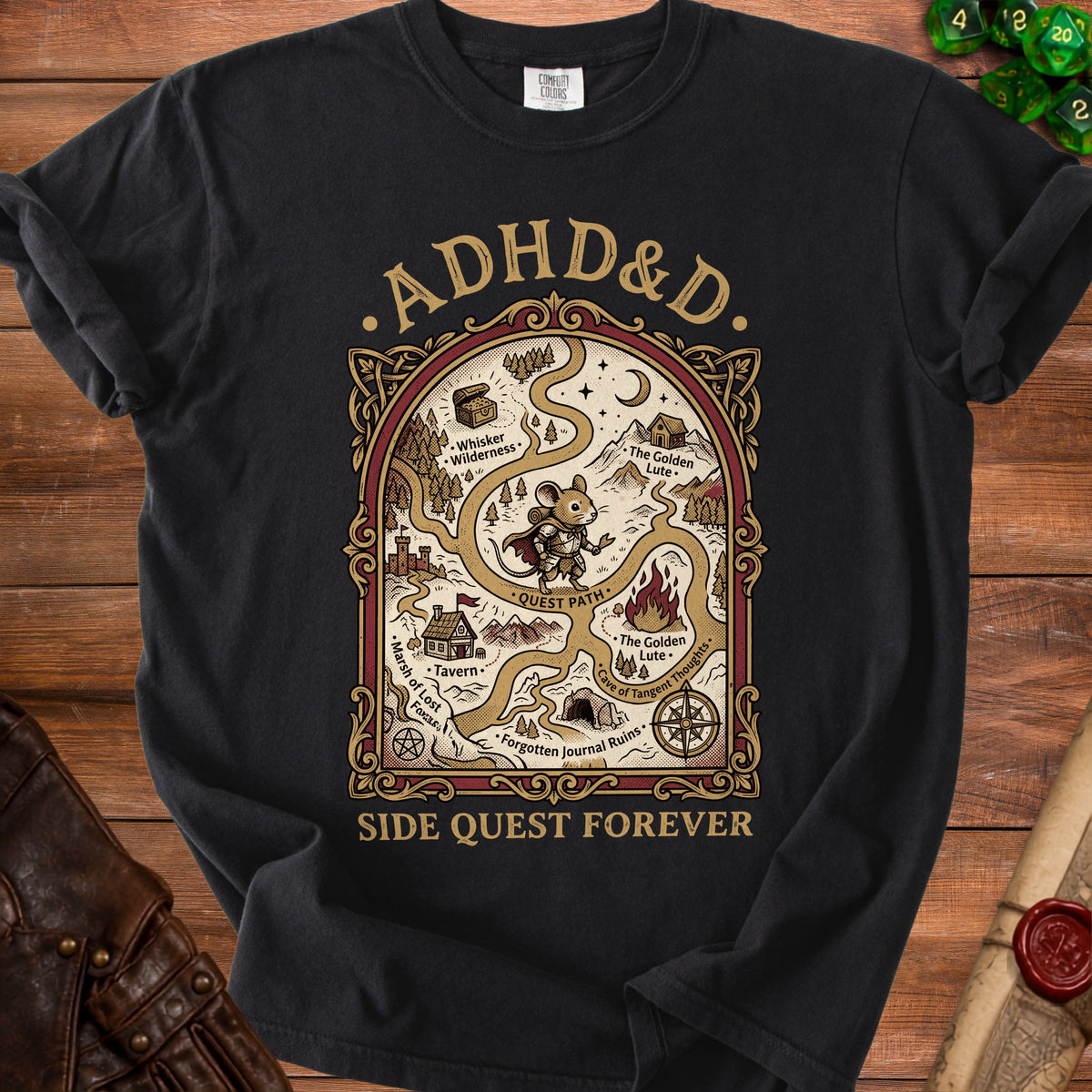 Black t-shirt with "ADHD&D" and a fantasy map with "SIDE QUEST FOREVER".