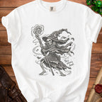White t-shirt with black ink drawing of a skeleton wizard holding a staff and text "This seems bad."