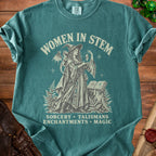 Women in STEM graphic t-shirt with witch, dragon, and spellbook design.