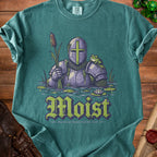 Knight in armor with frog, holding cattail, with "Moist" text and Bog Knight Est. 2018.