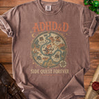 Brown t-shirt with "ADHD&D" and "SIDE QUEST FOREVER" text and a fantasy map design.