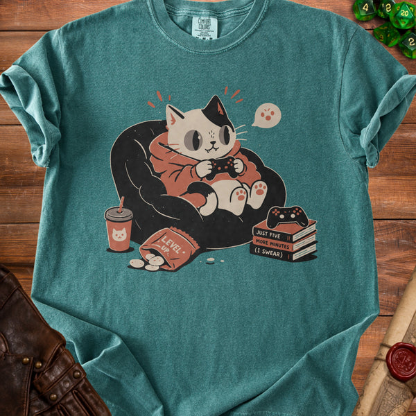 Gamer Cat Cozy Gaming Nights T-Shirt in Blue Spruce