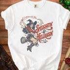 White t-shirt with vintage witch graphic and text "Spellcastin & Hellraisin".