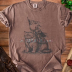 Brown t-shirt with knight on cat graphic and "WE RIDE AT NOON" text.