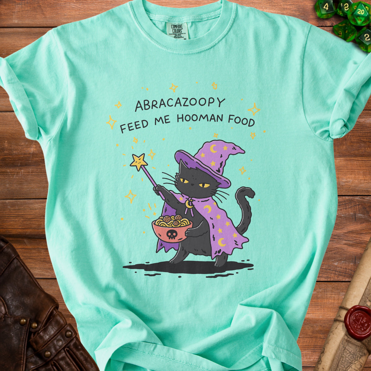 Black cat wizard with staff and food bowl, "Abracazoopy Feed Me Hooman Food" text.