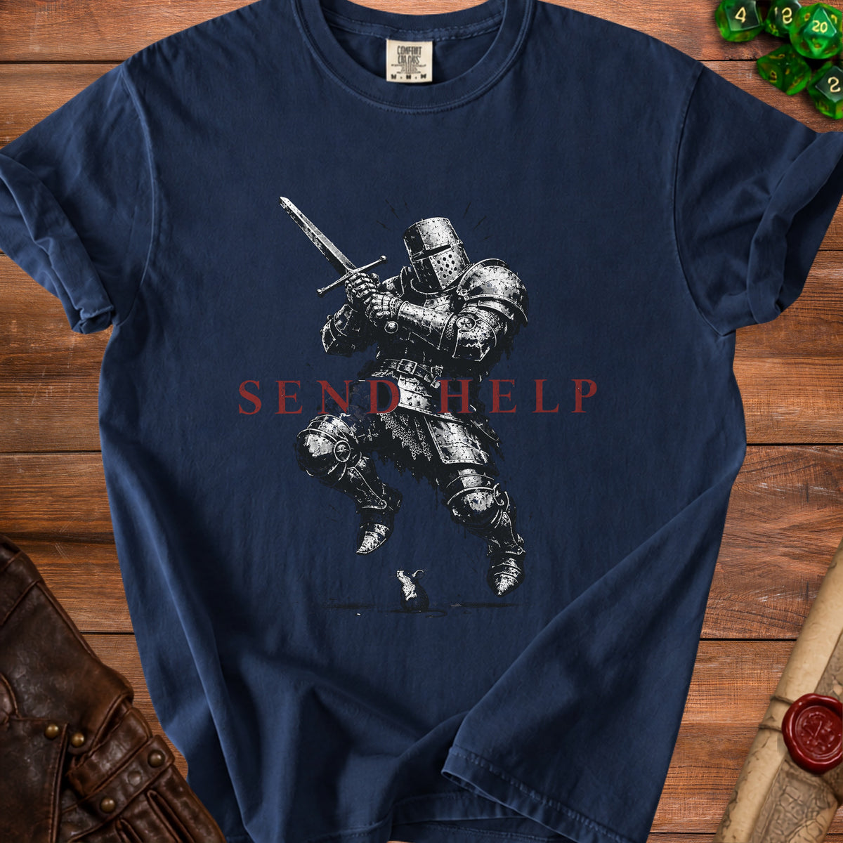 Dark blue t-shirt with a knight illustration and the text "SEND HELP".