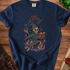 Skeleton wizard with spellbook and ghosts, text "Abra Cadaver"