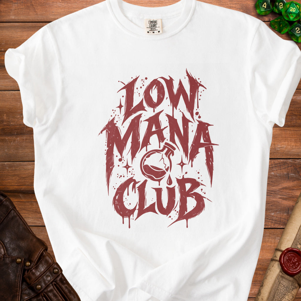 White t-shirt with red "Low Mana Club" text and a potion bottle graphic.