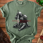 T-shirt featuring skeleton knight artwork and text "STILL WAITING ...nevermind i'm dead".