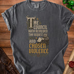 Dark grey t-shirt with "The Council Hath Reviewed Thy Request And Chosen Violence" text and grumpy cat.