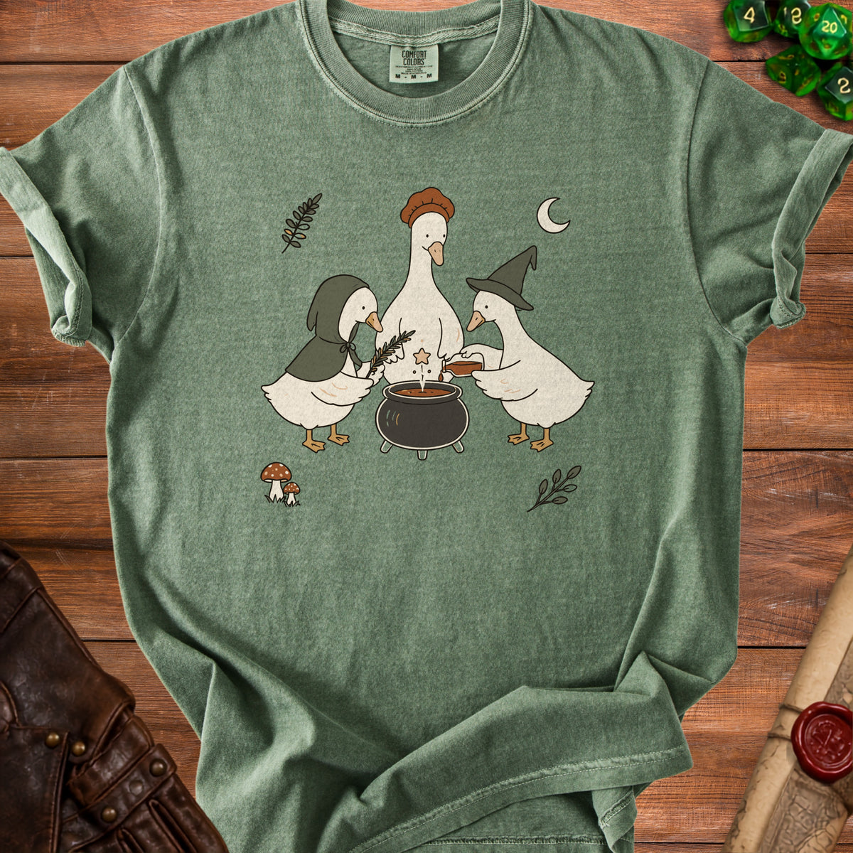 Three cartoon geese make a potion in a cauldron with whimsical forest elements.
