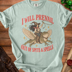 Light blue t-shirt with graphic of witch riding frog, "I Will Prevail Out of Spite & Spells" text.