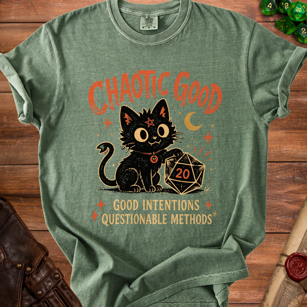 Green t-shirt with black cat, 20-sided die, and text "Chaotic Good".