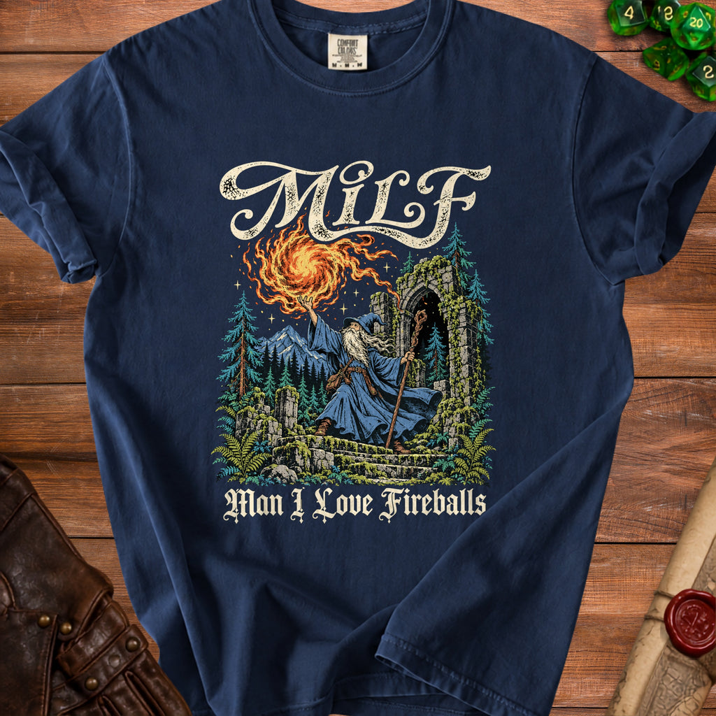 Navy t-shirt with wizard casting fireball and text "Man I Love Fireballs."