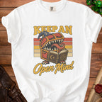 White t-shirt with "Keep an Open Mind" text and a monster chest graphic.
