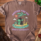 Brown t-shirt with cartoon goblin on beach, text "Another Fine Day Ruined By Responsibility".