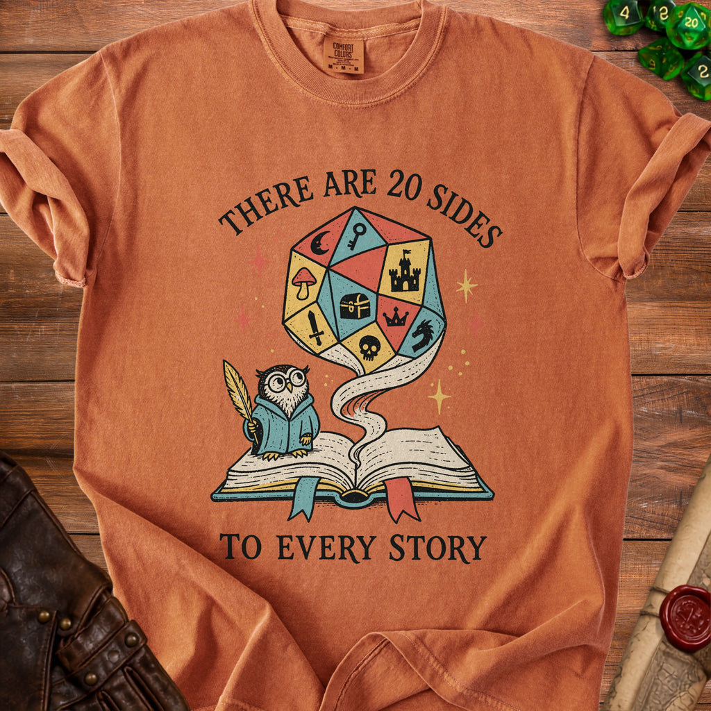 Orange t-shirt with text "There are 20 sides to every story" and fantasy icons.