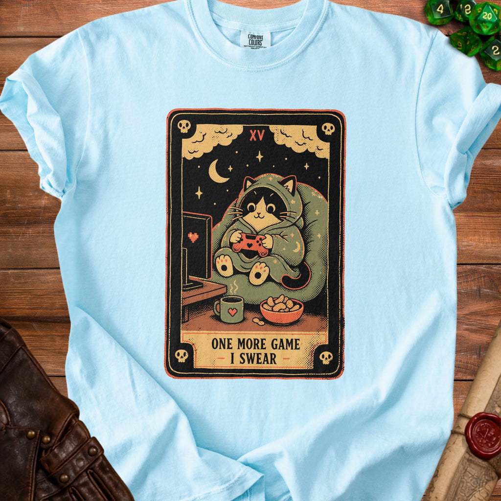Light blue Comfort Colors shirt with cat playing video games and text "ONE MORE GAME - I SWEAR".