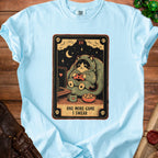 Light blue Comfort Colors shirt with cat playing video games and text "ONE MORE GAME - I SWEAR".