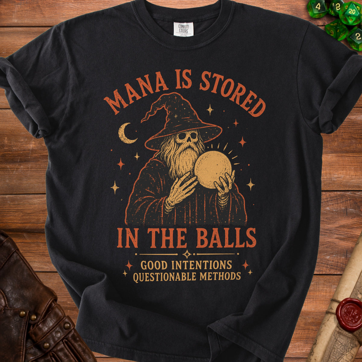 Black t-shirt with a distressed graphic of a wizard holding a crystal ball.