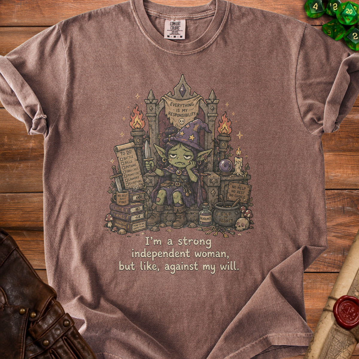 T-shirt graphic of a goblin sitting on a throne with "Everything is my responsibility" banner.