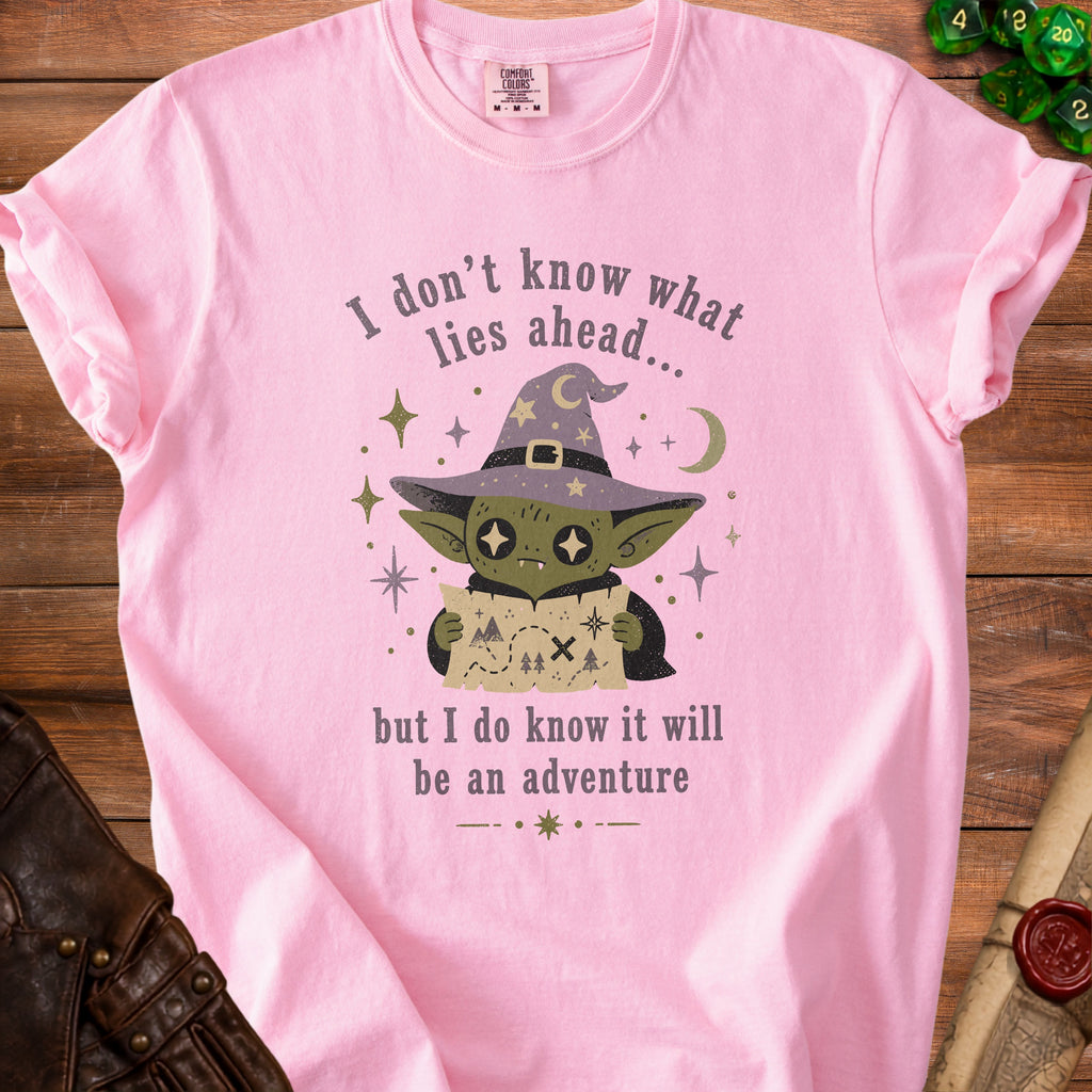 Pink t-shirt with graphic of a goblin in a witch hat holding a map. Text reads "I don't know what lies ahead... but I do know it will be an adventure."