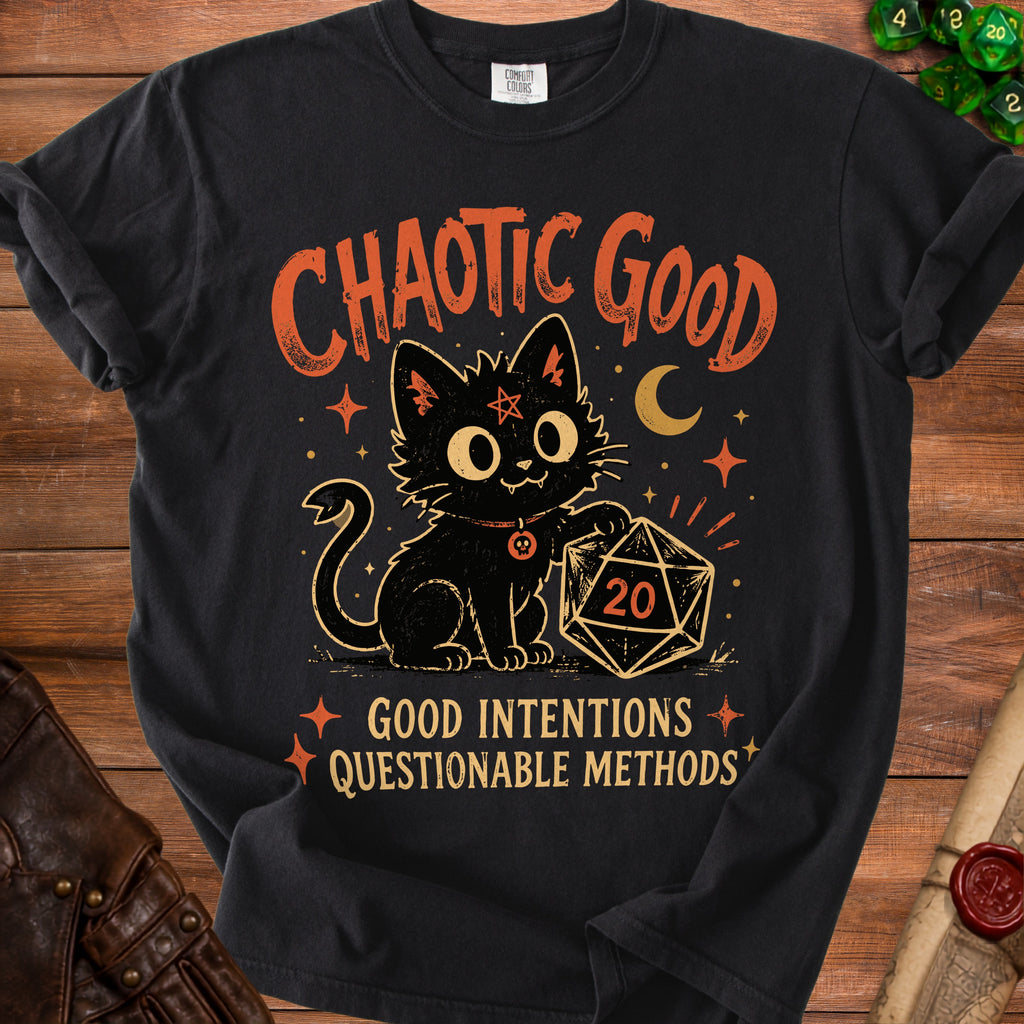 Black t-shirt with a cartoon black cat, D20 die, and text "CHAOTIC GOOD GOOD INTENTIONS QUESTIONABLE METHODS".