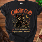 Black t-shirt with a cartoon black cat, D20 die, and text "CHAOTIC GOOD GOOD INTENTIONS QUESTIONABLE METHODS".