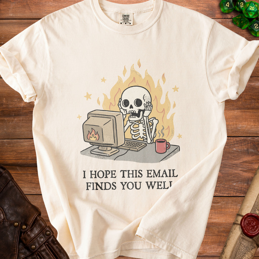 Cream t-shirt with skeleton at computer graphic and text "I hope this email finds you well."