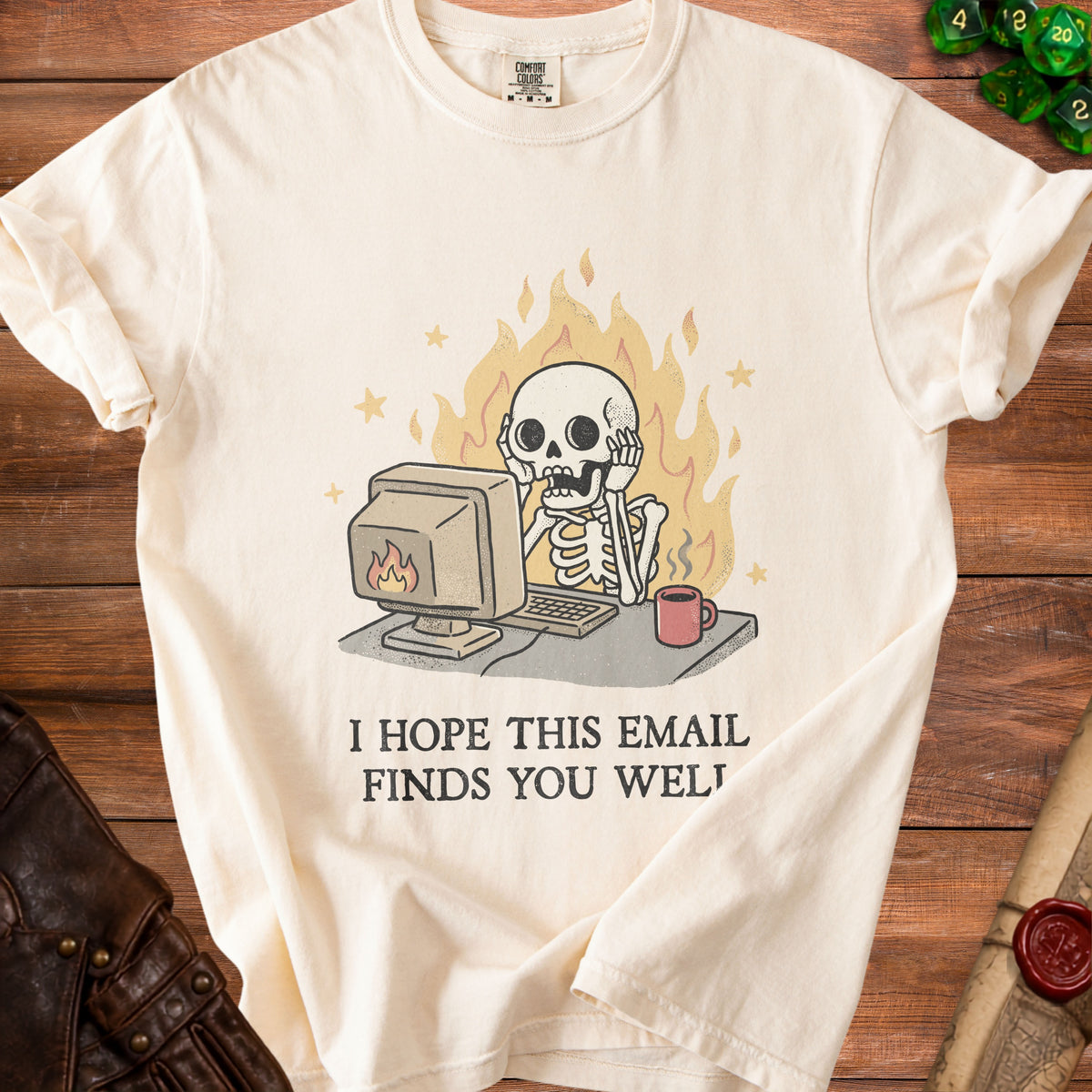 Cream t-shirt with skeleton at computer graphic and text "I hope this email finds you well."