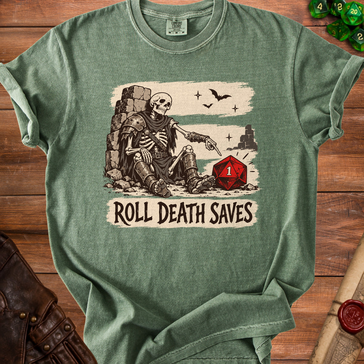 Skeleton pointing at a d20 die with text "ROLL DEATH SAVES".