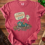 T-shirt graphic with skeleton knight, ghost, and text "i love a DRAMATIC EXIT".