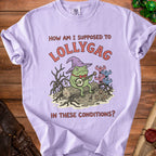 Purple t-shirt with frog in wizard hat playing banjo and text "How am I supposed to lollygag in these conditions?"