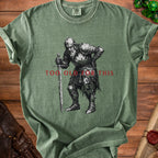 Green t-shirt with "Too Old For This" text and knight graphic.