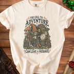 Cream t-shirt with goblin, mushrooms, and text "The Call to Adventure Can Leave a Message".