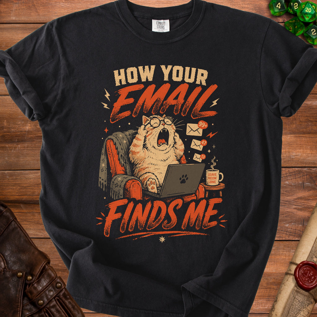 Black t-shirt with a distressed graphic of a stressed cat on a laptop with many emails.