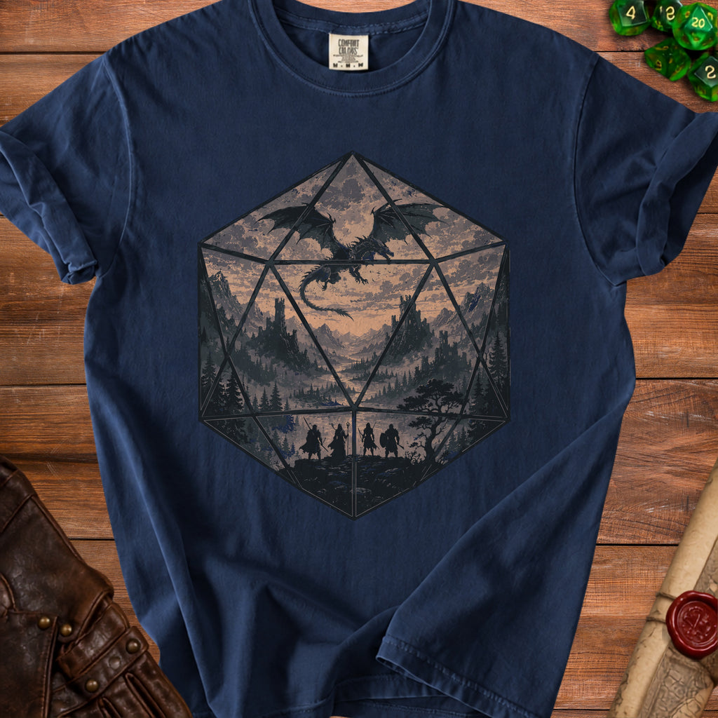 Dark blue t-shirt with a D20 die graphic featuring a dragon and fantasy landscape.