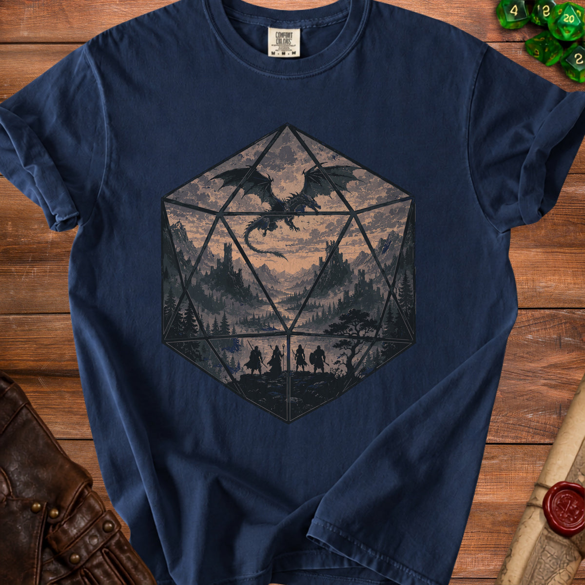 Dark blue t-shirt with a D20 die graphic featuring a dragon and fantasy landscape.