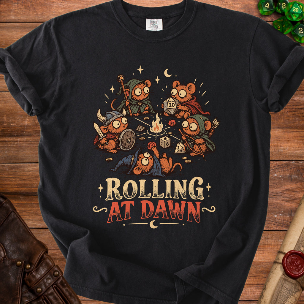 Black t-shirt with cartoon mice adventurers around a campfire, reads "Rolling At Dawn".