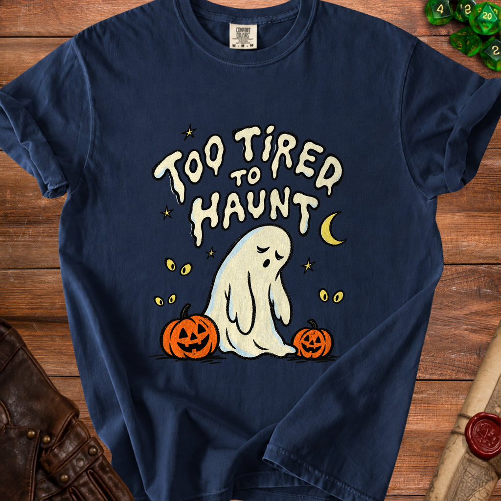 Navy t-shirt with "Too Tired To Haunt" text and a ghost and pumpkins graphic.