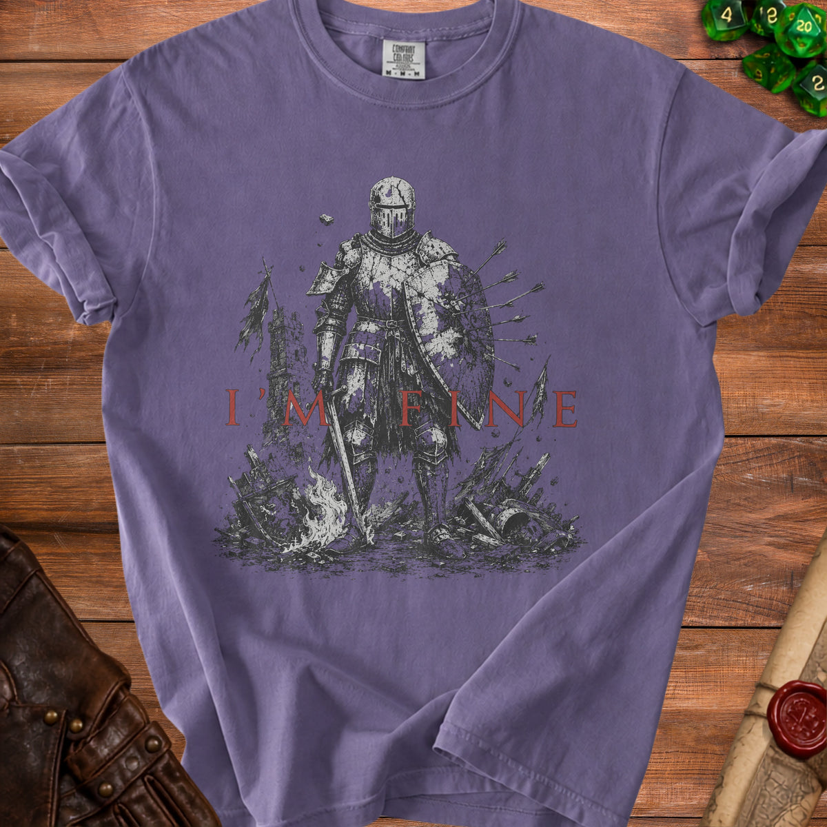 Knight with arrows in shield and sword, text "I'M FINE" on purple t-shirt.
