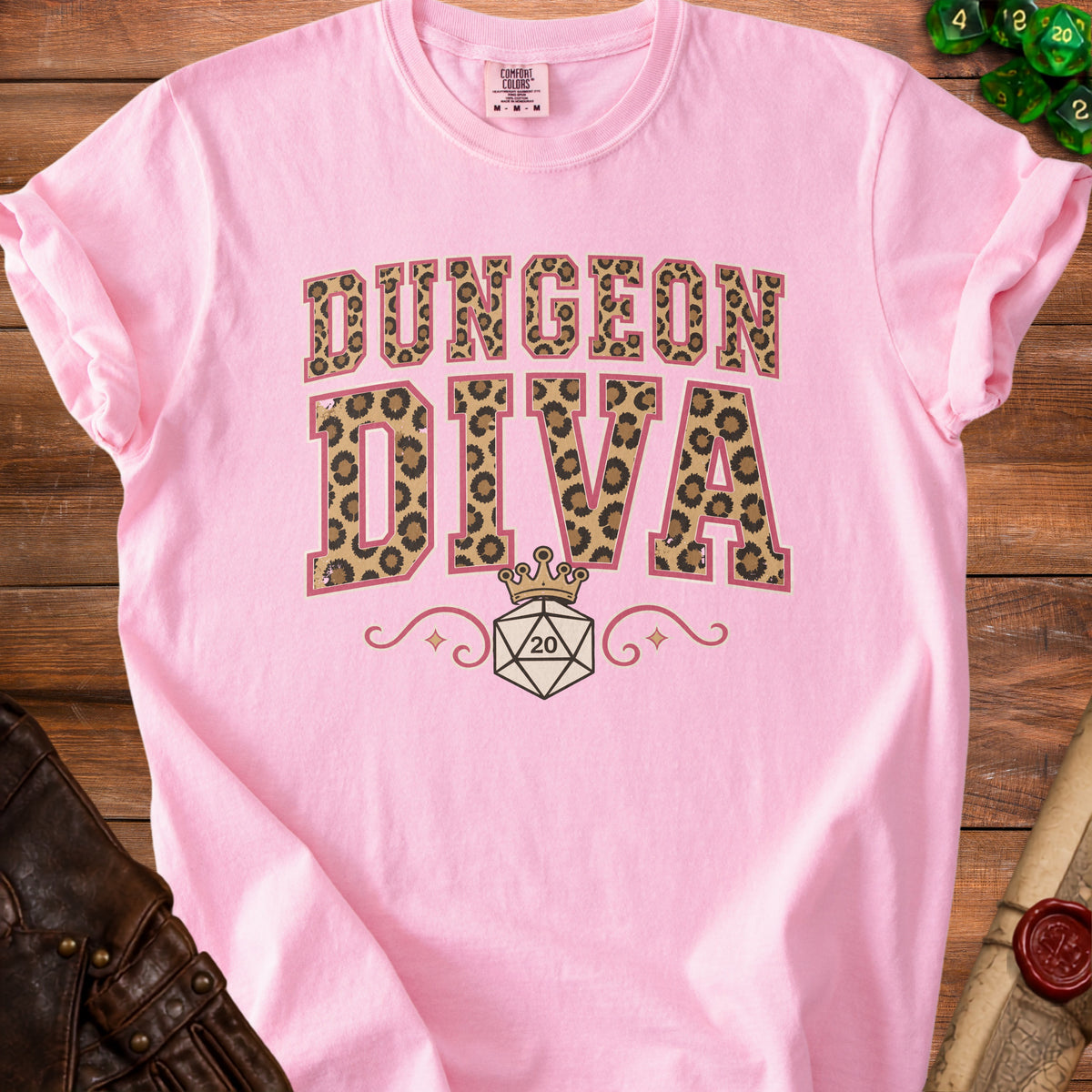 Pink t-shirt with "DUNGEON DIVA" text, leopard print, and a d20 die.