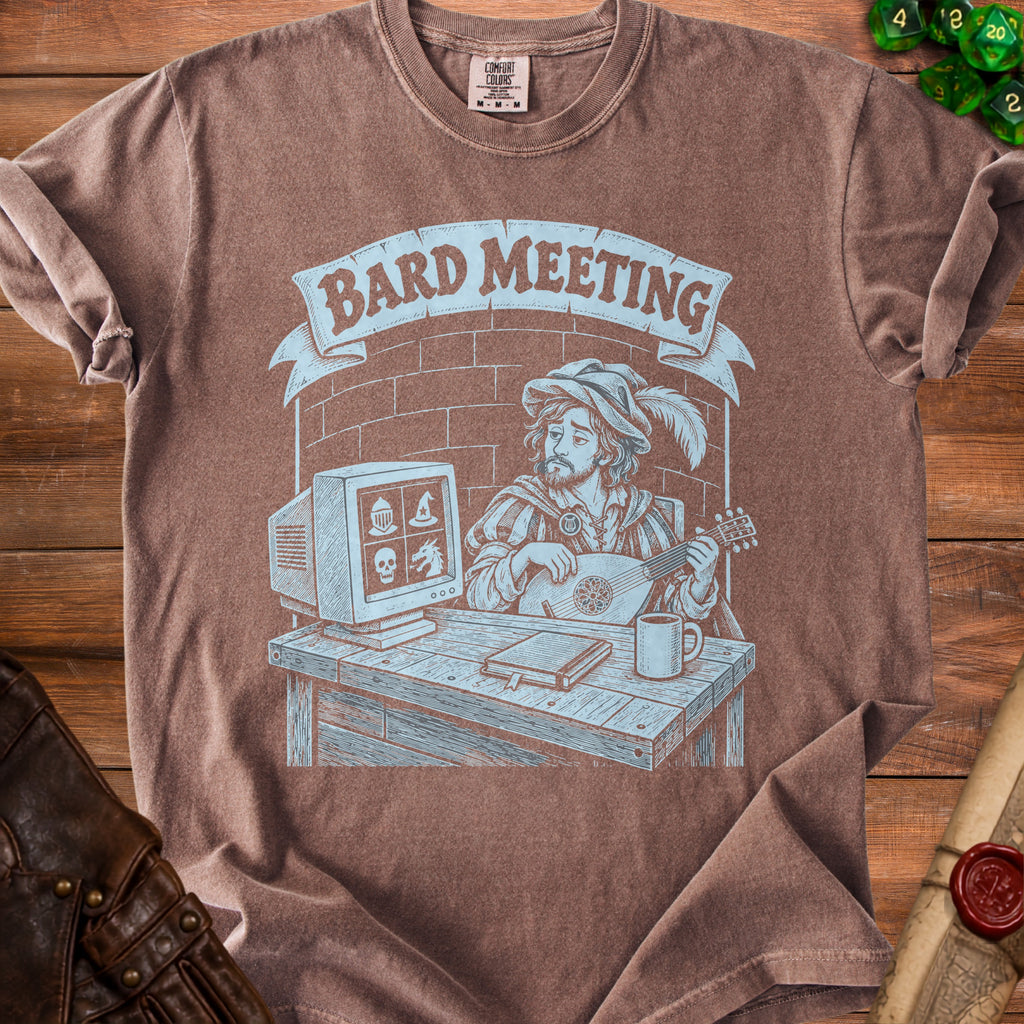 Brown t-shirt with "Bard Meeting" text and drawing of a bard with a computer.